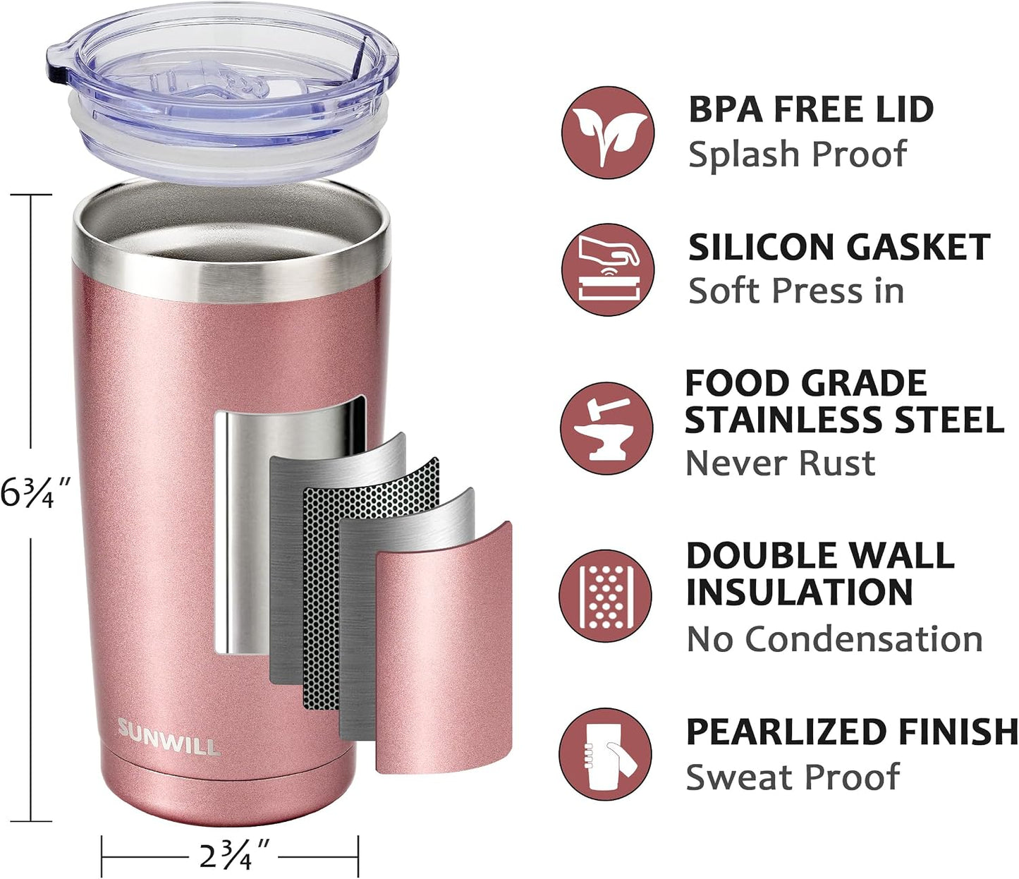 SUNWILL Travel Coffee Tumbler 20 oz, Insulated Mug with Lid, Stainless Steel Cup for Hot and Cold Drinks, Rose Gold