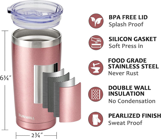 SUNWILL Travel Coffee Tumbler 20 oz, Insulated Mug with Lid, Stainless Steel Cup for Hot and Cold Drinks, Rose Gold