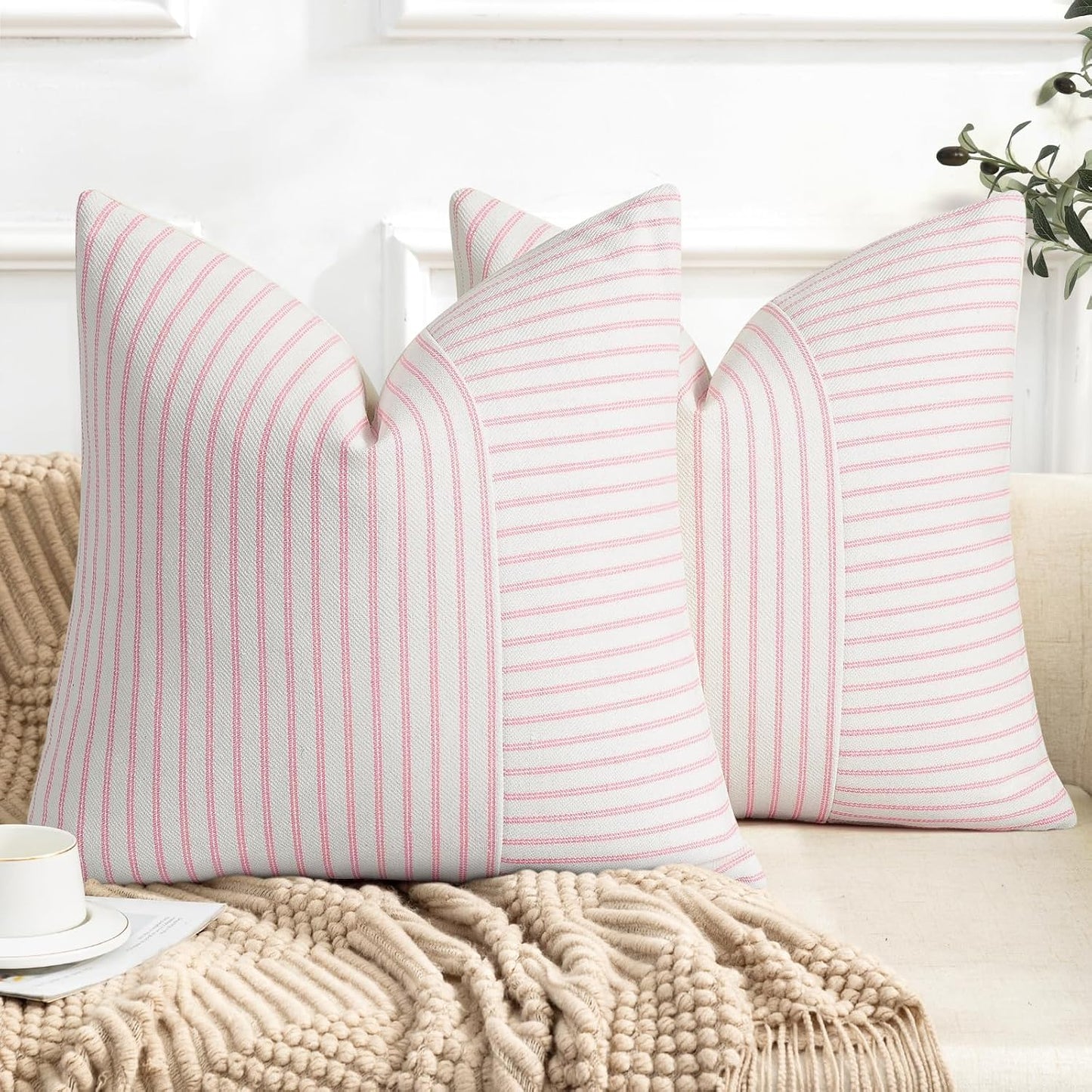 YCOLL Valentines Pillow Covers 22x22, Modern Accent Square Throw Pillow Covers Set of 2, Pink and Beige Striped Patchwork Linen Decorative Cushion Covers for Couch Chair Bedroom Home Decor