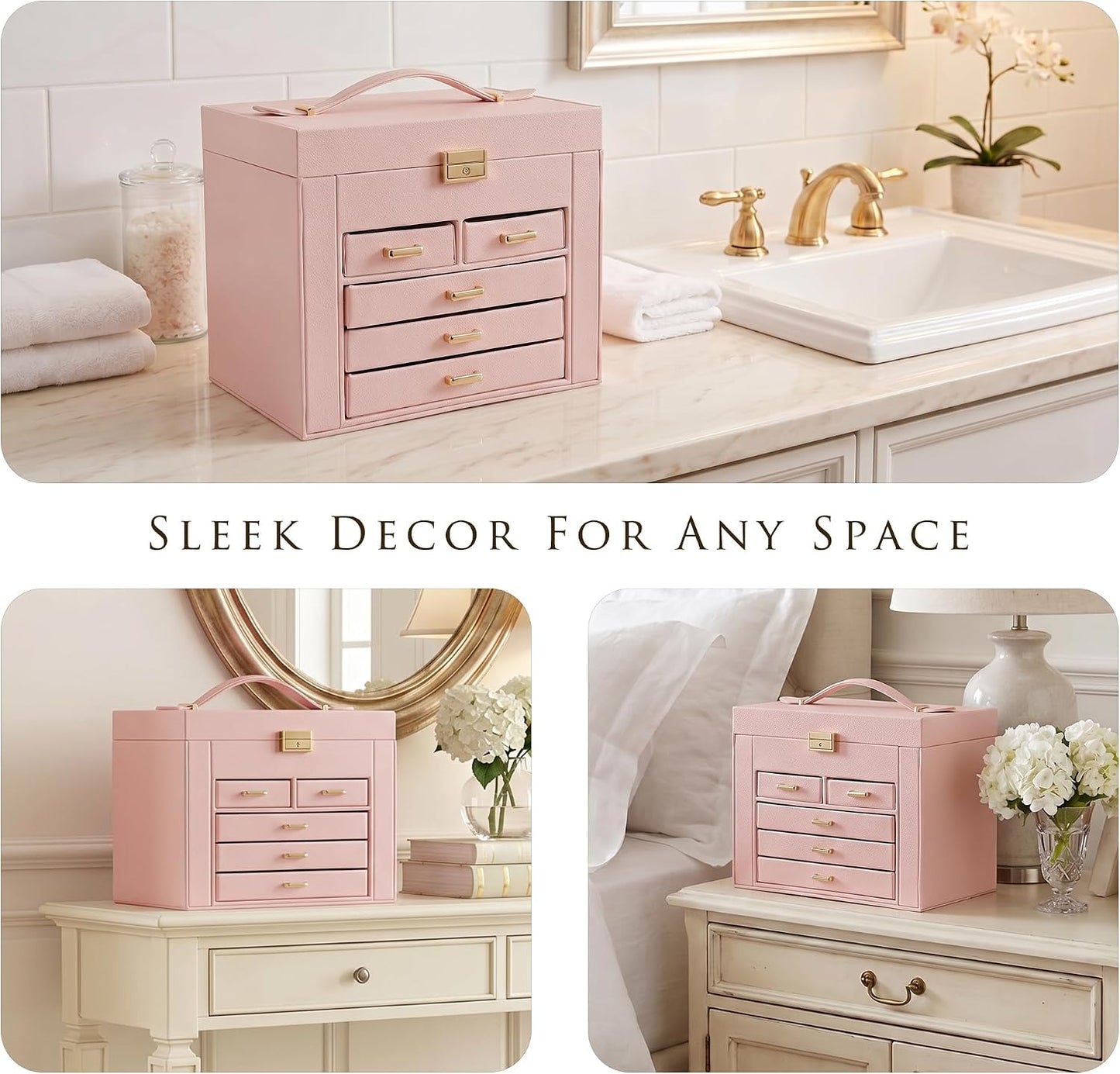Jewelry Box with Travel Case, PU Leather 5-Layer Jewelry Organizer with Mirror & Lock, Velvet Lining Jewelry Storage for Women, Dresser Top Portable Jewelry Case, Gift for Women (Pink)