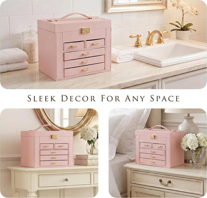 Jewelry Box with Travel Case, PU Leather 5-Layer Jewelry Organizer with Mirror & Lock, Velvet Lining Jewelry Storage for Women, Dresser Top Portable Jewelry Case, Gift for Women (Pink)