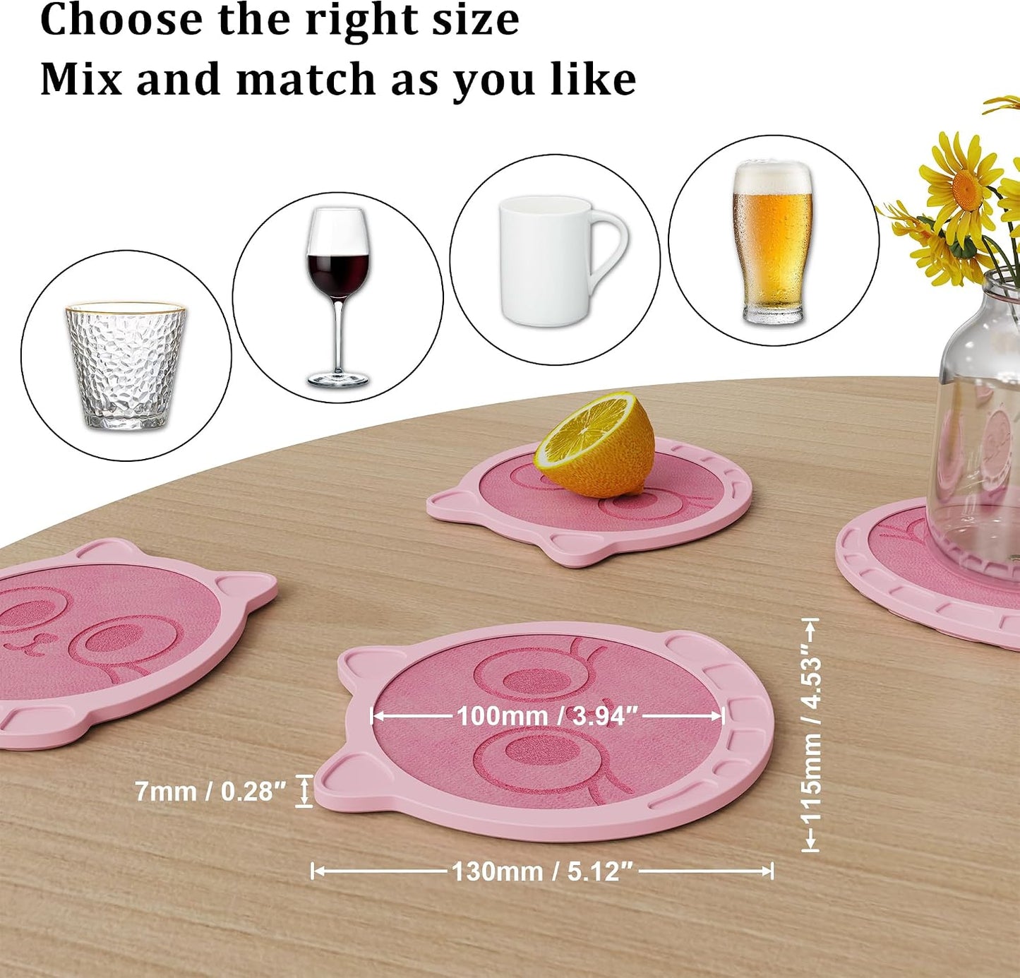 Coasters for Drinks(Set of 4, Pink, Large) Gifts for Cat Lover Cute Coffee Table Home Decor with Absorbent Felt Pads Silicone Base, Cup Mat for Tabletop Protection