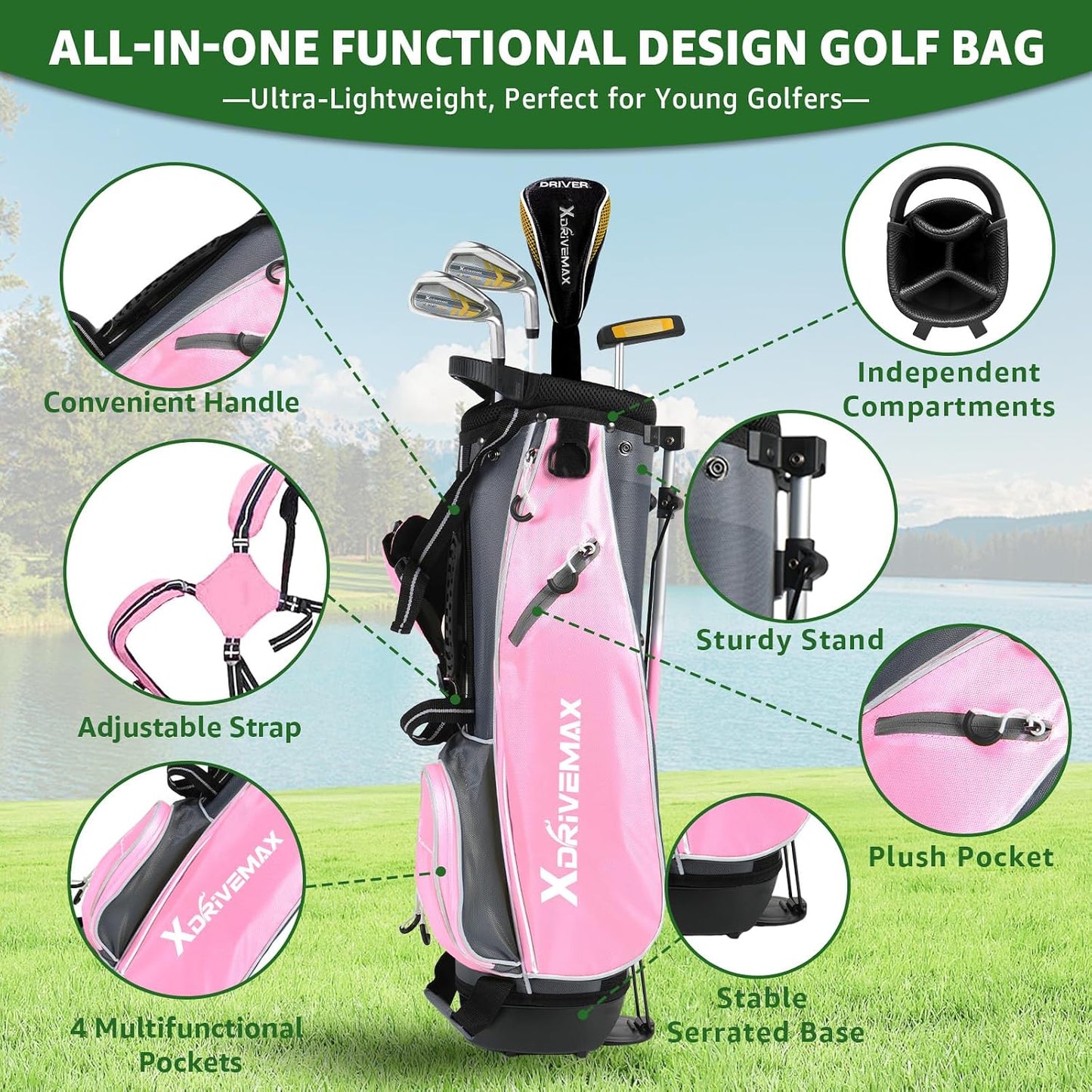 XDriveMax Junior Golf Club Set for Kids Ages 4-12, 5-6 Piece Right Hand Set with Stand Bag