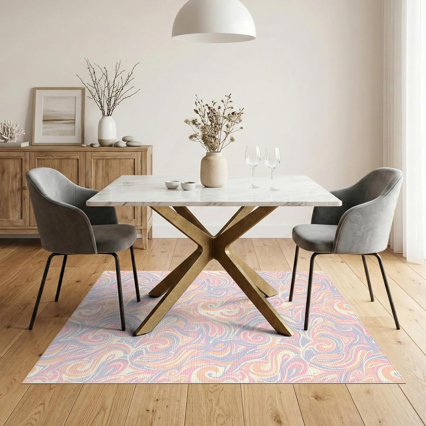 5'x7' Washable Abstract Abstract Area Rug, Blush Pink Flatwoven Floor Covering for Dining Room, Under Table, Home Office, Non-Slip Chair-Friendly Carpet | Ref:2091694