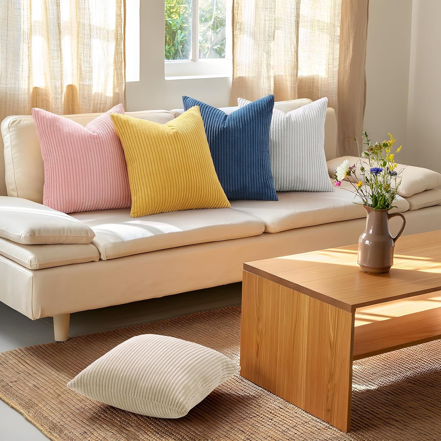 Mecatny Corduroy Summer Decorative Throw Pillow Covers 18x18 Set of 2 for Sofa Living Room, Soft Neutral Boho Couch Pillow Covers for Home Decor, Pink