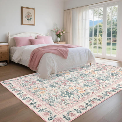 Pink Rugs for Living Room: Floral 5x7 Washable Area Rug for Nursery Bedroom - Soft Easy Clean Kid & Pet-Friendly Non-Slip Carpet - Oriental Girls Home Decor