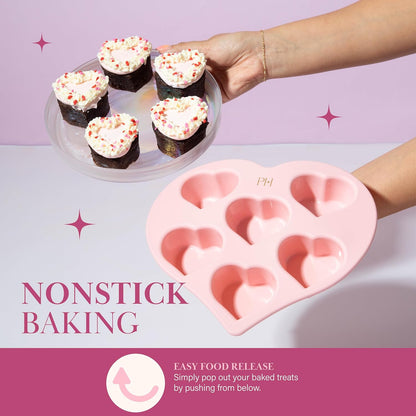 Paris Hilton Heart Silicone Cake Pan, Nonstick Heart Shaped Mold, Oven Safe Bakeware for Cakes, Brownies, and Desserts, 6-Cup, Pink