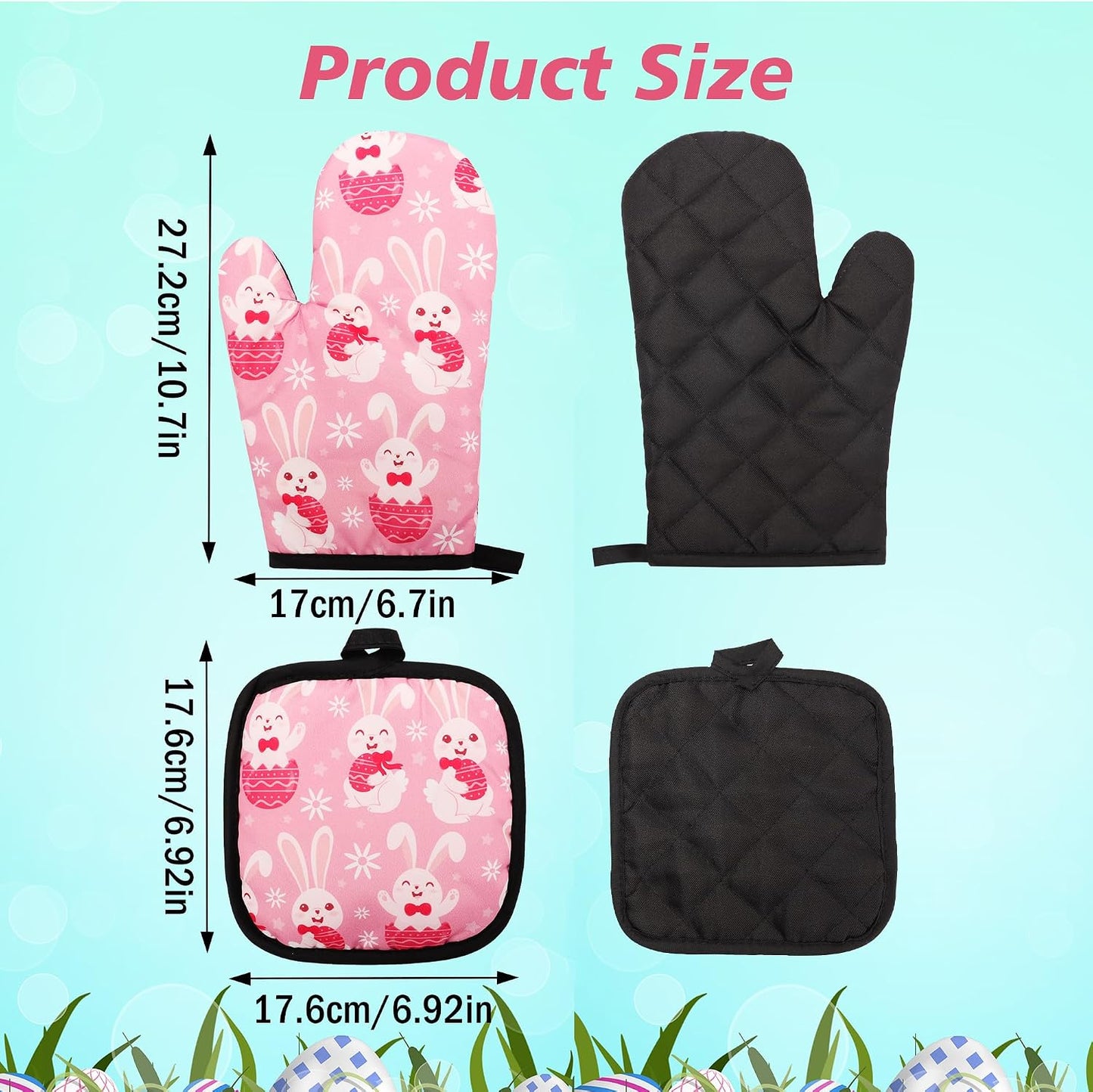 4 PCS Easter Oven Mitts and Potholders Set, Pink Easter Bunny Eggs Oven Mitt Pot Holder Rabbit Potholder Heat Resistant Non-Slip Cooking Gloves for Holiday Baking Party Favor Decor
