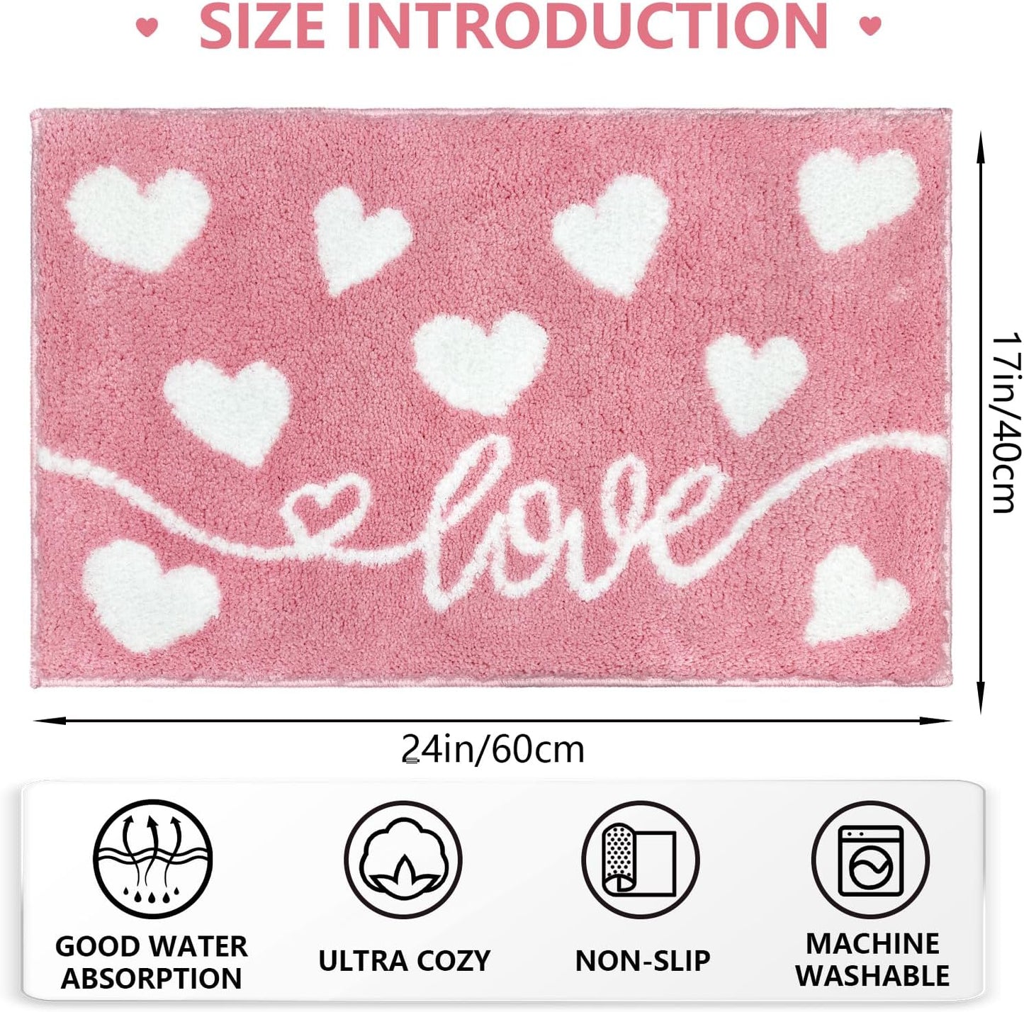 MEHOFOND Valentine's Day Bathroom Rug, Pink Love Heart Tufted Bath Mat, Soft Valentines Day Bath Mats Non Slip Absorbent Rectangle Shower Rug Front Door Mat for Home Kitchen Bedroom Decor, 17x24 Inch