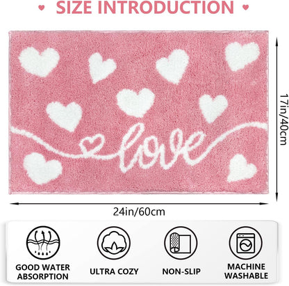 MEHOFOND Valentine's Day Bathroom Rug, Pink Love Heart Tufted Bath Mat, Soft Valentines Day Bath Mats Non Slip Absorbent Rectangle Shower Rug Front Door Mat for Home Kitchen Bedroom Decor, 17x24 Inch