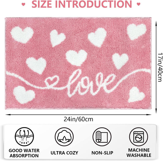 MEHOFOND Valentine's Day Bathroom Rug, Pink Love Heart Tufted Bath Mat, Soft Valentines Day Bath Mats Non Slip Absorbent Rectangle Shower Rug Front Door Mat for Home Kitchen Bedroom Decor, 17x24 Inch