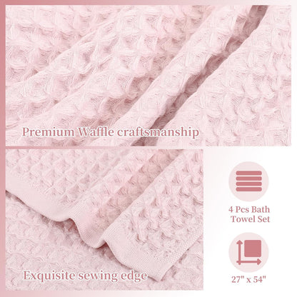4 Piece Light Pink Waffle Bath Towel Set, 27x54 in Extra Large Bathroom Shower Towels, 100% Cotton Ultra Soft Bath Towel, Highly Absorbent Quick Drying Towels for Bathroom Gym Hotel and Spa