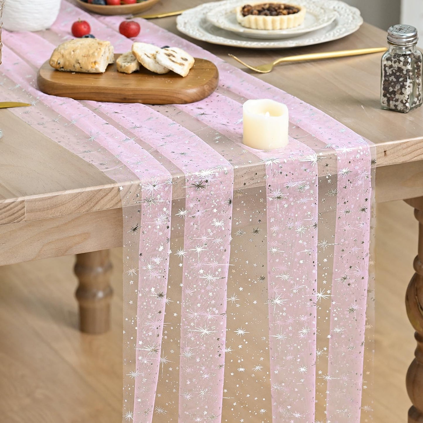 Artoid Mode Silver Stars Pink Gauze Table Runner 120 Inch 10FT, Reversible Glitter Sheer Dining Wedding Holiday Birthday Table Decor for Home Party