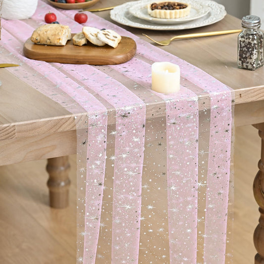 Artoid Mode Silver Stars Pink Gauze Table Runner 120 Inch 10FT, Reversible Glitter Sheer Dining Wedding Holiday Birthday Table Decor for Home Party