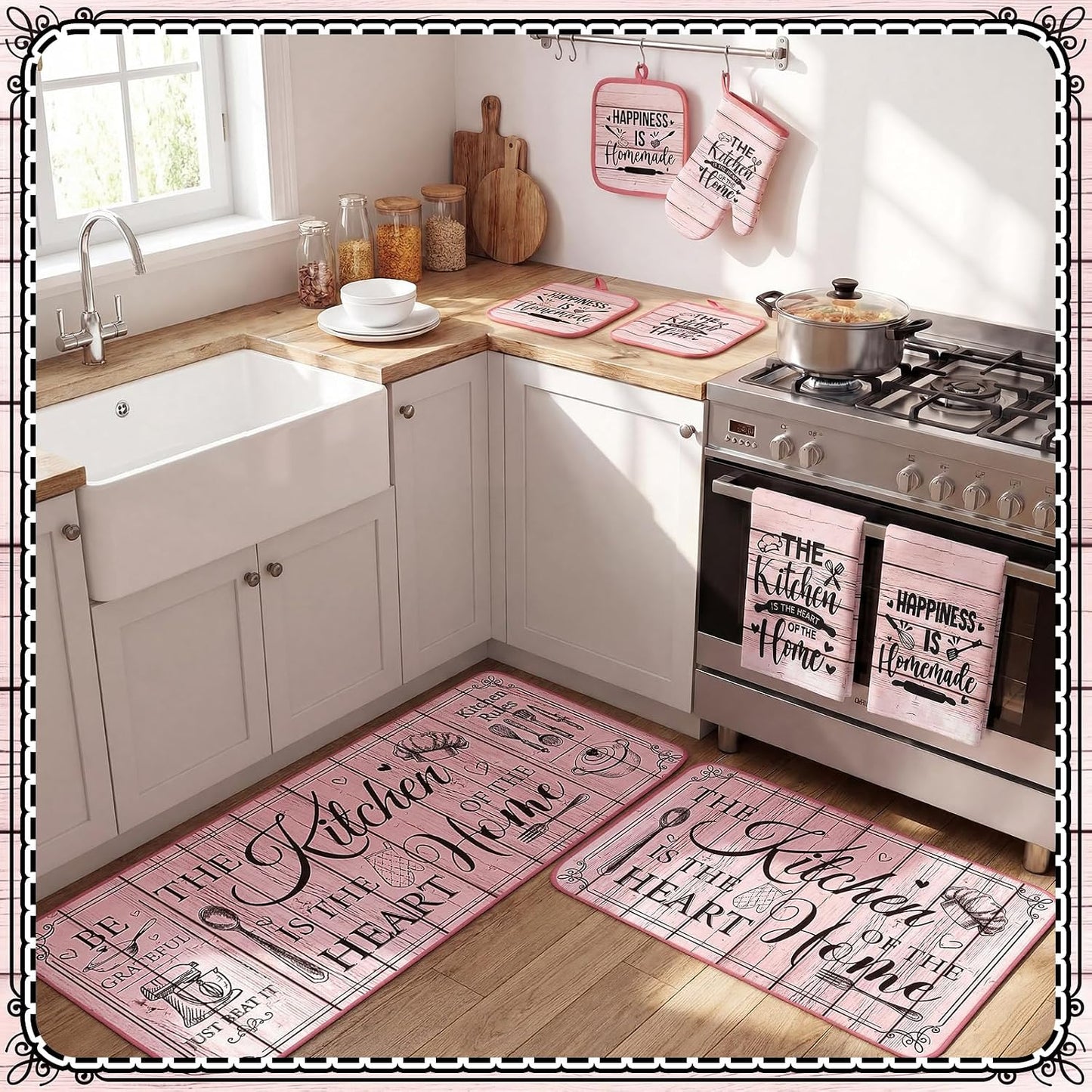 Fourluoo 10 Pcs Farmhouse Pink Kitchen Decor and Accessories Set Kitchen Towels and Rugs Pot Holders Oven Mitts for Cooking Baking Mom Housewarming Gifts