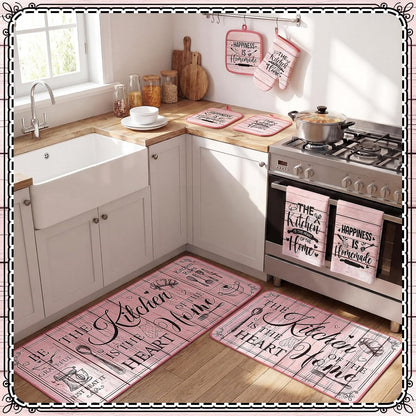 Fourluoo 10 Pcs Farmhouse Pink Kitchen Decor and Accessories Set Kitchen Towels and Rugs Pot Holders Oven Mitts for Cooking Baking Mom Housewarming Gifts
