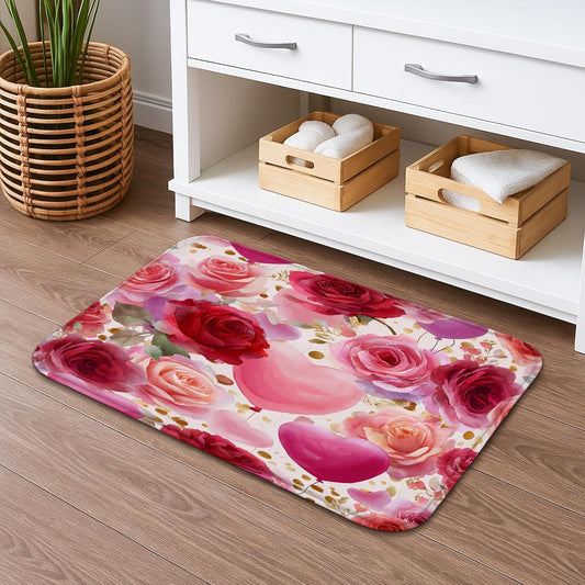 Floral Watercolor Quick Dry Bath Mat, Peach Rose Absorbent Non Slip Shower Mat, Spring Decorative Flannel Washable Bath Rugs for Bathroom Toilet Restroom 16x24 Inch