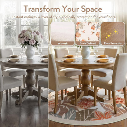 Beeiva Floral Round Rug 4ft for Entryway - Washable Circular Pink Boho Rug for Bedroom, Non Slip Small Rugs Circle Carpet for Dining Room Kitchen Table Flower Print Décor(Beige,Round 4')