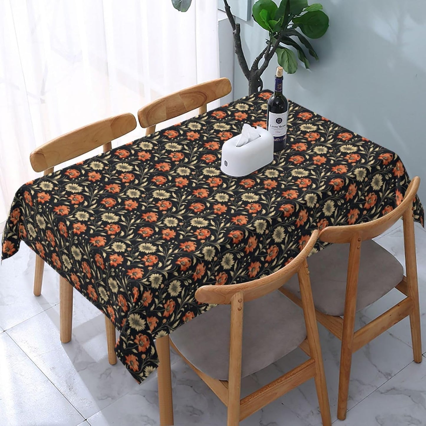 Victorian Simple Floral Pink Flower Rectangle Tablecloth, Drop Shapes Table Cloth Dining Table Cover for Kitchen Restaurant Party Buffet Picnic, 52x70 Inch