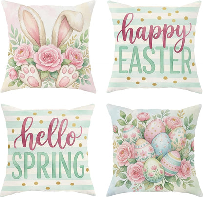 Bunny Throw Pillow Covers Set of 4, Spring Festive Roses Easter Eggs Easter Pastel Peach with Hidden Zipper Square Pillow Cases for Living Room Bed Office Sofa Chair Decor 26x26 Inch