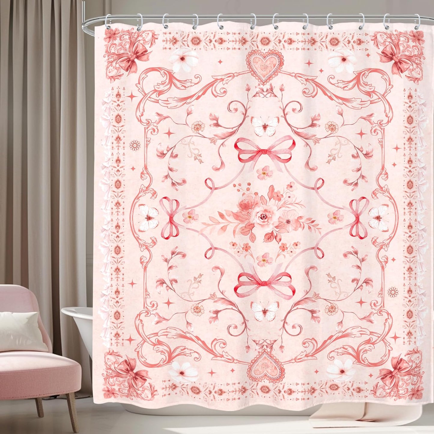 Pink Girly Shower Curtain 60Wx72H Inches Cute Boho Bow Teen Girl Floral Sweet Princess Elegant Preppy Aesthetic Fabric Waterproof Polyester Bathroom Home Decor Set with Hooks