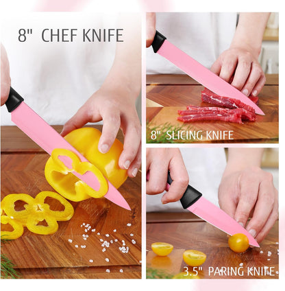 hecef 13 Pieces Kitchen Knife Set with Built-in Sharpening Wooden Block, Dishwasher Safe, High Carbon Stainless Steel Knife Block Set with Steak Knives, Kitchen Scissors, Pink