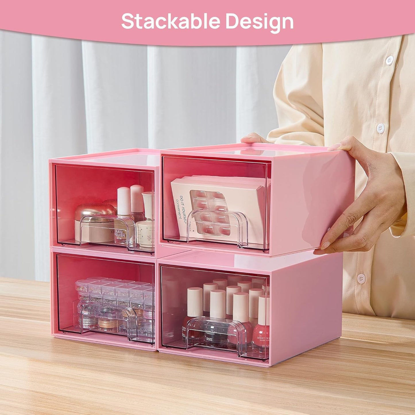 Vtopmart 4 Pack Small Clear Stackable Storage Drawers, Acrylic Bathroom Makeup Organizer, Plastic Storage Bins For Vanity, Undersink, Kitchen Cabinets, Pantry, Home Organization,Pink
