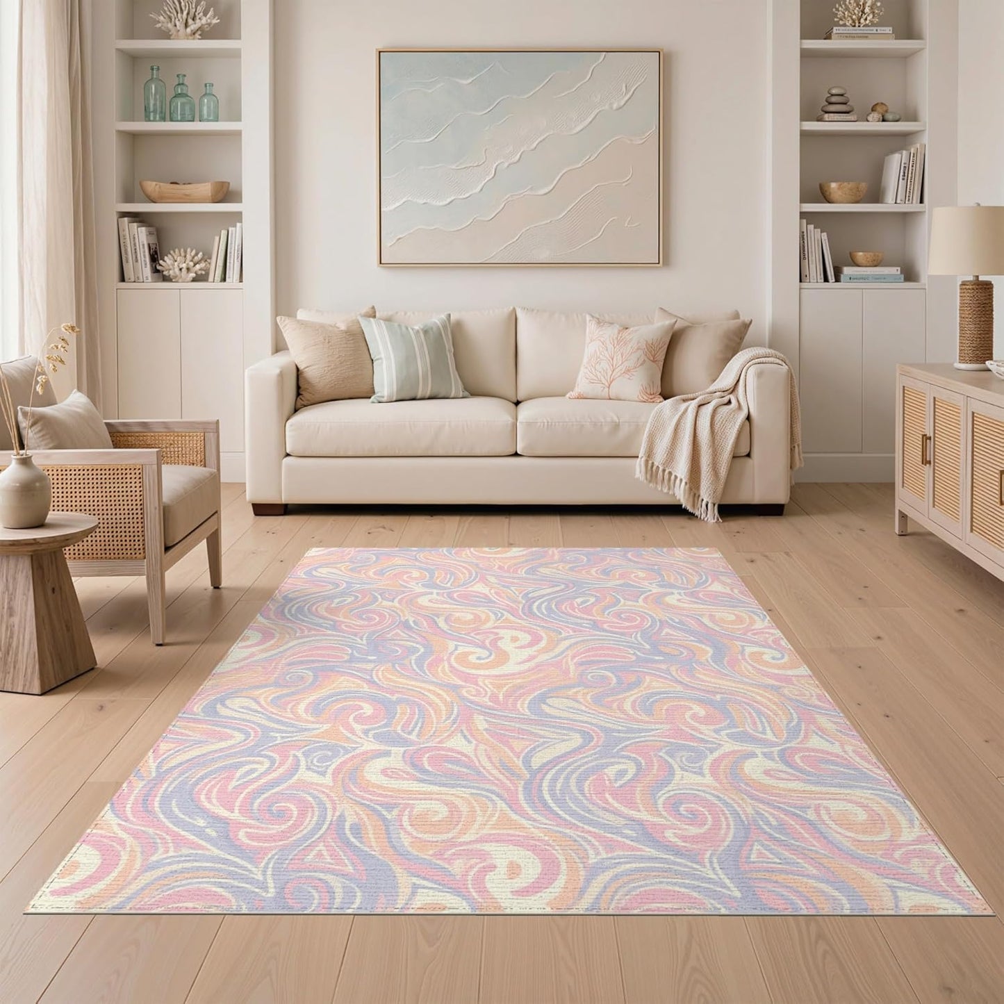 5'x7' Washable Abstract Abstract Area Rug, Blush Pink Flatwoven Floor Covering for Dining Room, Under Table, Home Office, Non-Slip Chair-Friendly Carpet | Ref:2091694