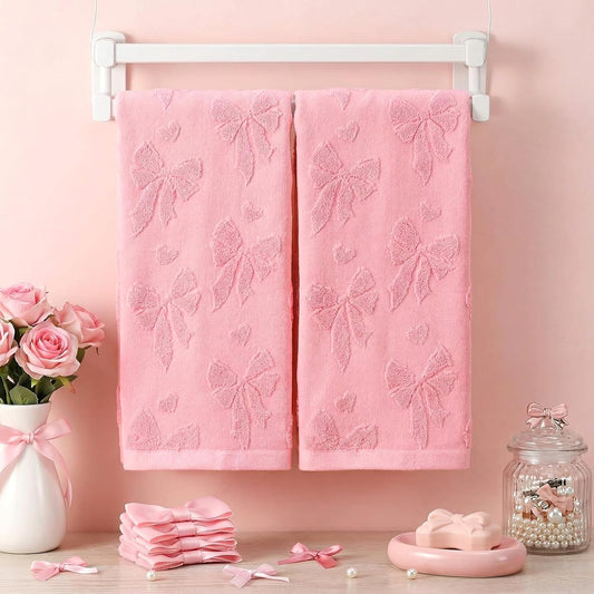 2pcs Pink Bow Hand Towels for Bathroom Pink Cotton Jacquard Kitchen Bath Hand Towels Set Decorative Weave Cute 3D Kitchen Dish Towel Reversible Soft Absorbent Bathroom Towel Home Decor Gift