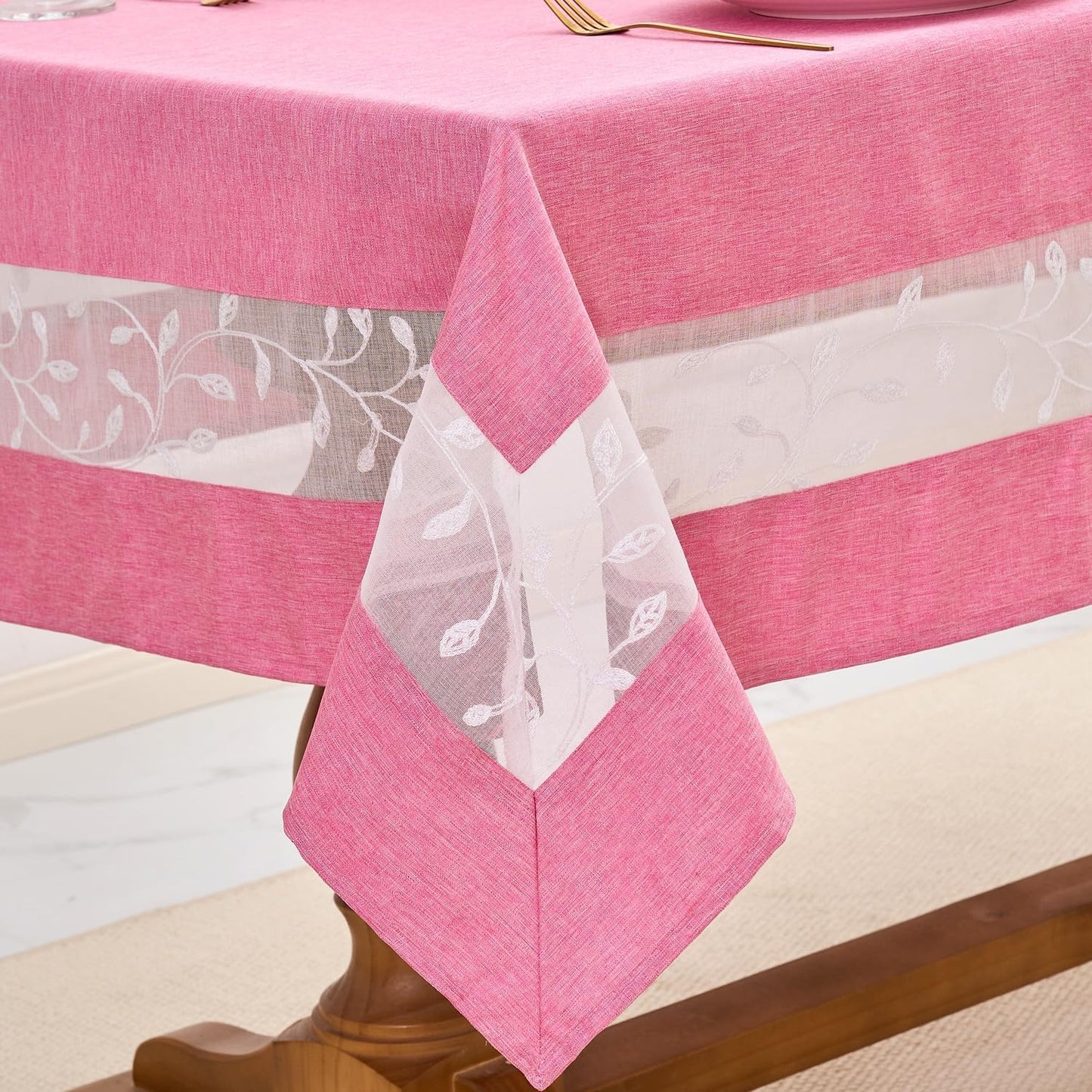 Polyester Fabric Tablecloth with Exquisite Embroidery Sheer Border-Waterproof/Wrinkle Resistant-for Dining,Indoor&Outdoor,Wedding,Holiday,Pink,Rectangle 60x84Inch