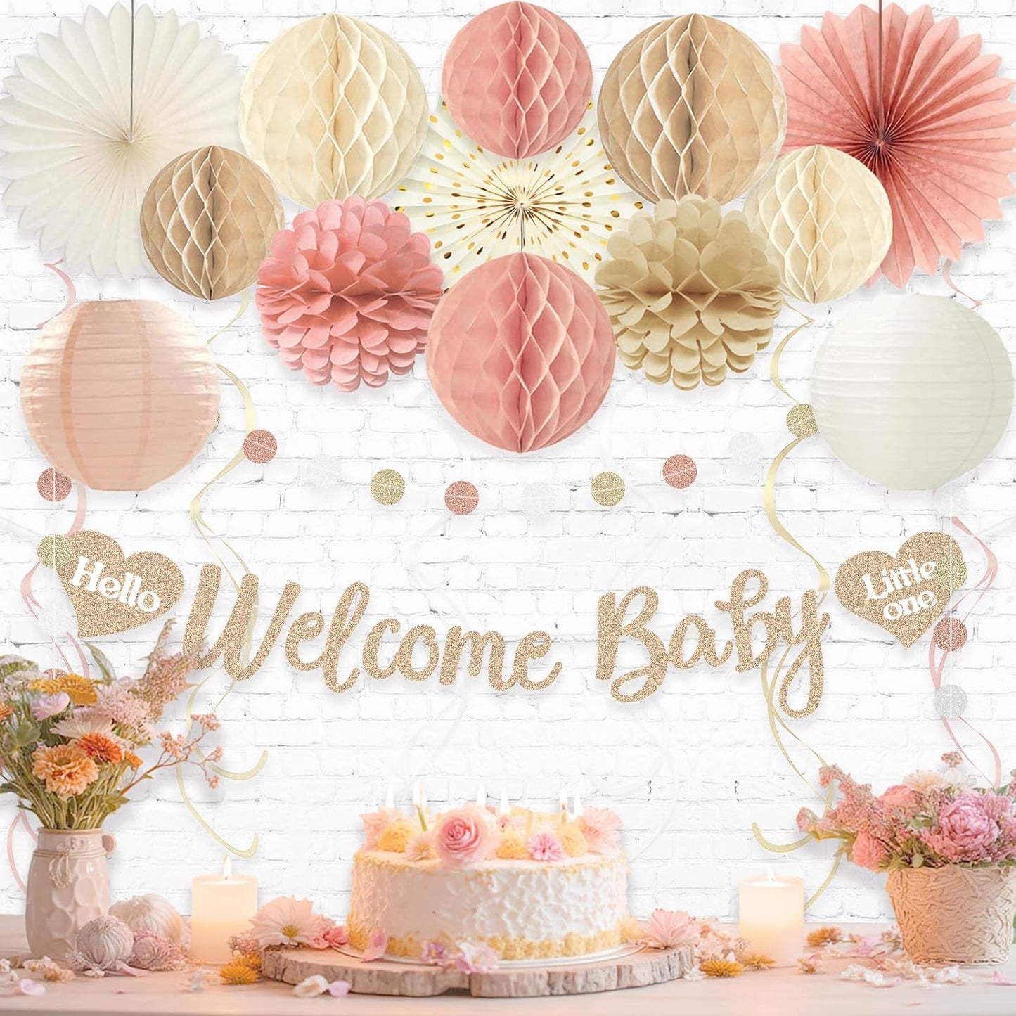 Ivory Blush Pink Baby Shower Decorations for Girl, Pre-Strung, 24pcs | Welcome Baby Banner, Honeycomb Balls, Paper Flowers, Lanterns, Fans, Streamers, Dots Garland for Girl Baby Shower Decorations