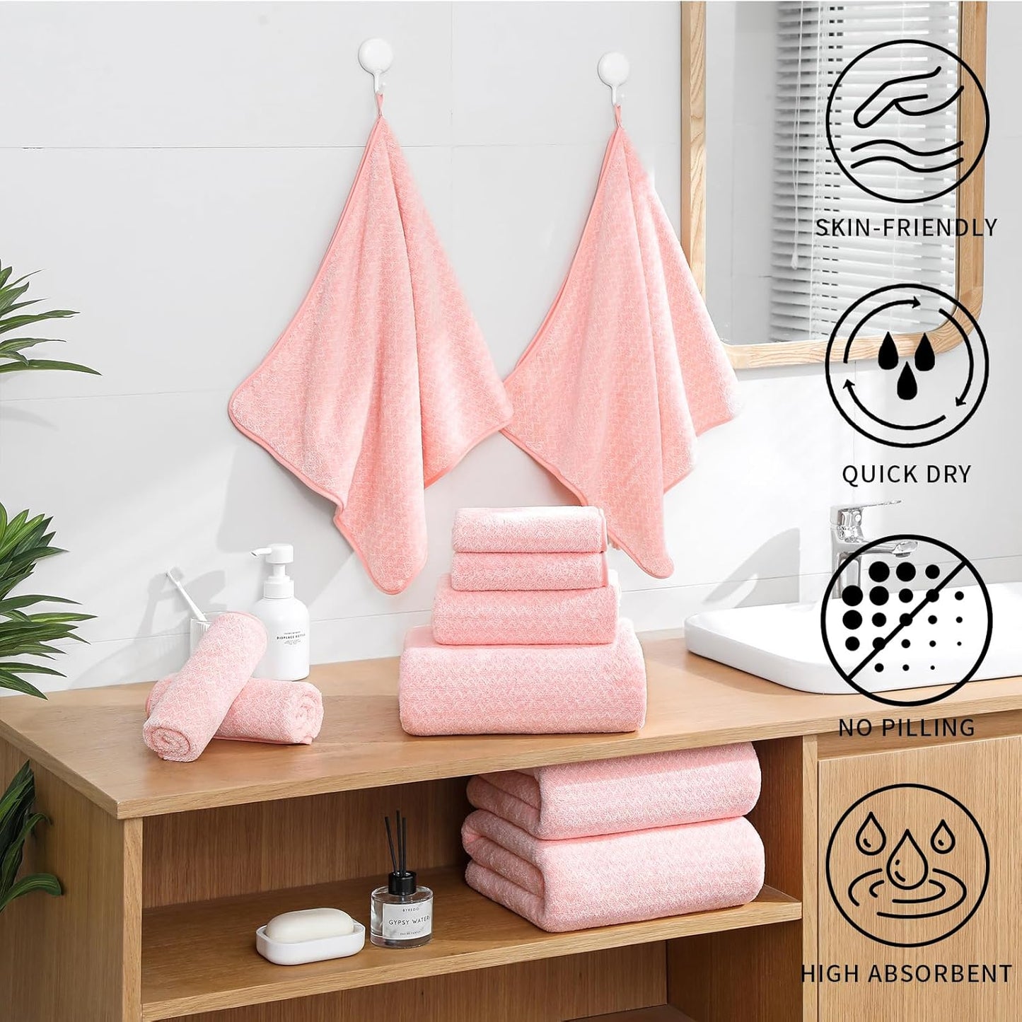 Ultra Soft Bath Towel Set,12 Piece (4 Bath Towels,4 Hand Towels,4 Washcloths) Family Bathroom Towel Set with Hanging Loops,Quick Dry Extra Absorbent Fluffy Shower Towel for Bathroom,Hotel,Spa-Pink