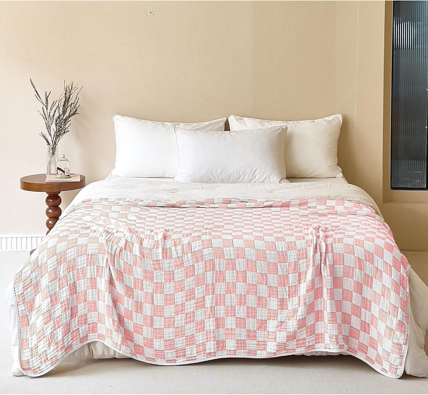 SANACYNA 100% Cotton Muslin Throw Blanket 6-Layer Gauze Pink Checkered Bed Blanket Lightweight Soft Breathable Cooling Blanket for Sofa Couch Both Sides (Pink Checkerboard, Throw 50"x60")