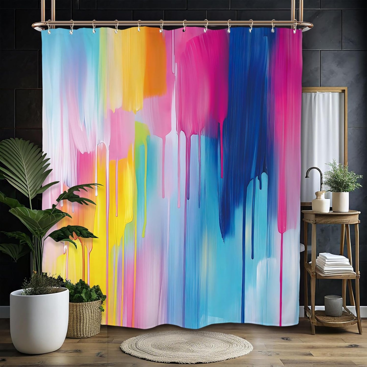 Miyotaa Abstract Modern Blue Pink Shower Curtain Set 60Wx71H Inches Colorful Contemporary Aesthetic Minimalist Art Painting Waterproof Bathroom Curtain with 12 Hooks