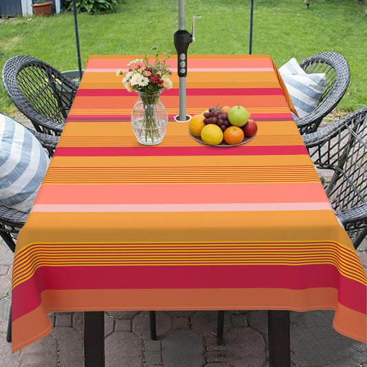 Outdoor Tablecloth with Umbrella Hole and Zipper, Yellow Pink Stripe Table Cloth Rectangle 60×84 Inch Waterproof Fade Resistant Patio Table Cover for Spring Summer Garden Picnic Dinner