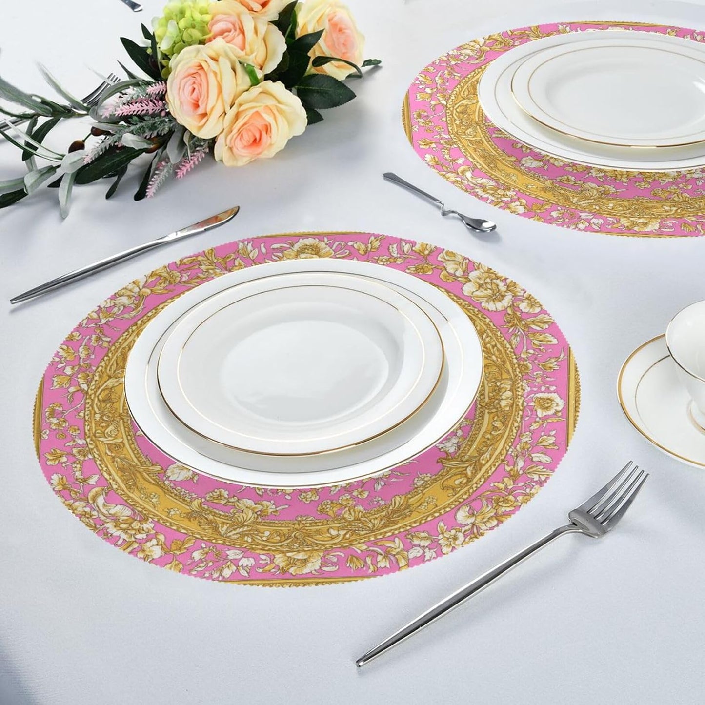 Retro Flower Pattern Gold and Peach Round placemats Cloth Reusable Place mats Washable placemats for Dining Table placemats for Dining Table Farmhouse placemats Heat Resistant Waterproof