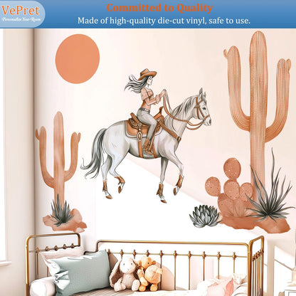 Cowgirl Horse Wall Decals Peel and Stick - Boho Cactus Sun Western Girl Riding Horse Vinyl Sticker Mural for Kids Room, Nursery, Bedroom - Desert Safari Animal Theme Removable Wall Art Mural