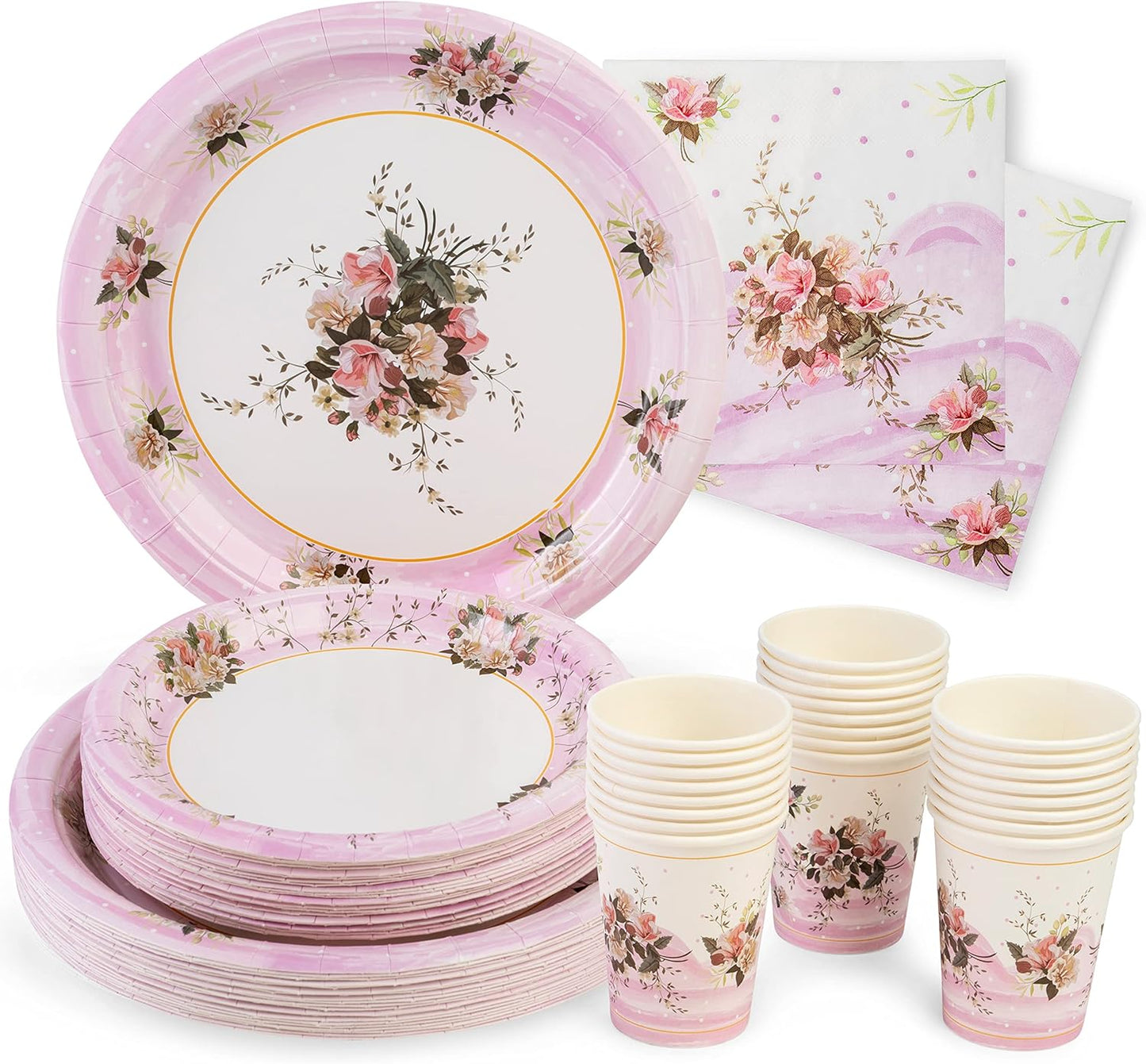 ROYAL BLUEBONNET Paper Plates and Napkins Set, Floral Design, 24 Pieces, Pink, Spring, Disposable Party Supplies