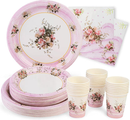 ROYAL BLUEBONNET Paper Plates and Napkins Set, Floral Design, 24 Pieces, Pink, Spring, Disposable Party Supplies