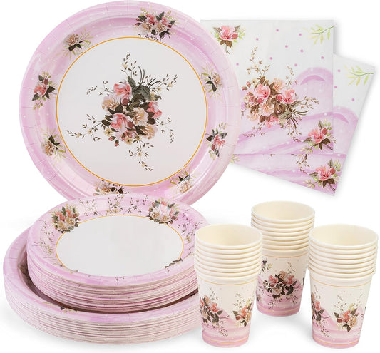 ROYAL BLUEBONNET Paper Plates and Napkins Set, Floral Design, 24 Pieces, Pink, Spring, Disposable Party Supplies