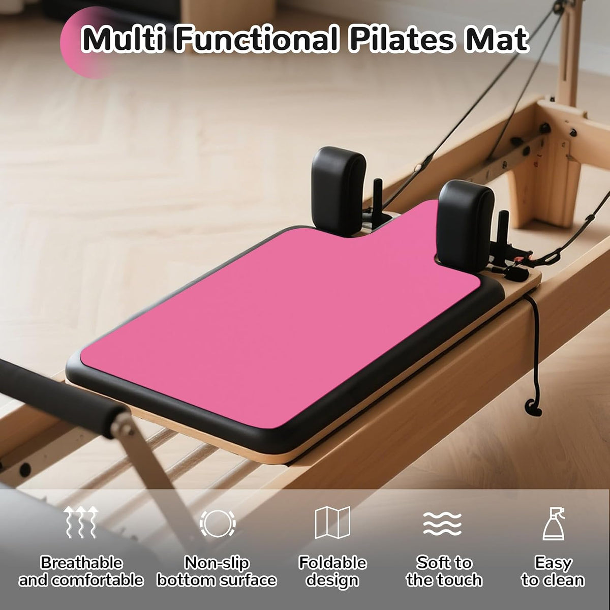 Non Slip Pilates Reformer Mat, Soft Suede Velvet Pilates Towel Mat, Pilates Mat with Multiple Equipment, Lightweight and Foldable, Sweat Wicking and Quick Drying, For Yoga and Fitness (Pink)