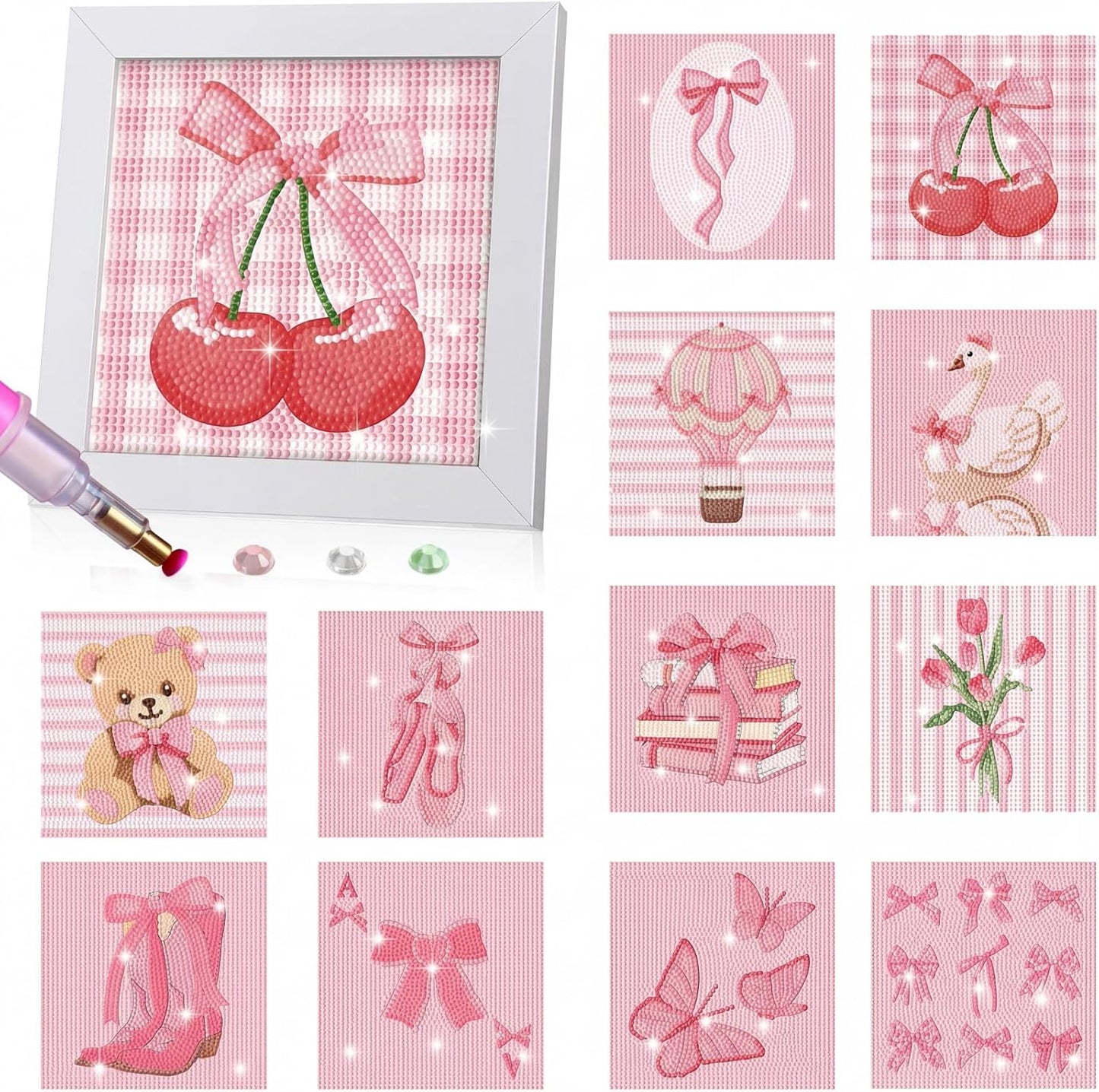 Trandraft 13 Pcs Coquette Interchangeable Diamond Art Kits for Adults 5D Pink Seasonal Diamond Painting Kit with Frame for Holiday Art Table Craft Women Lady Decor Gift