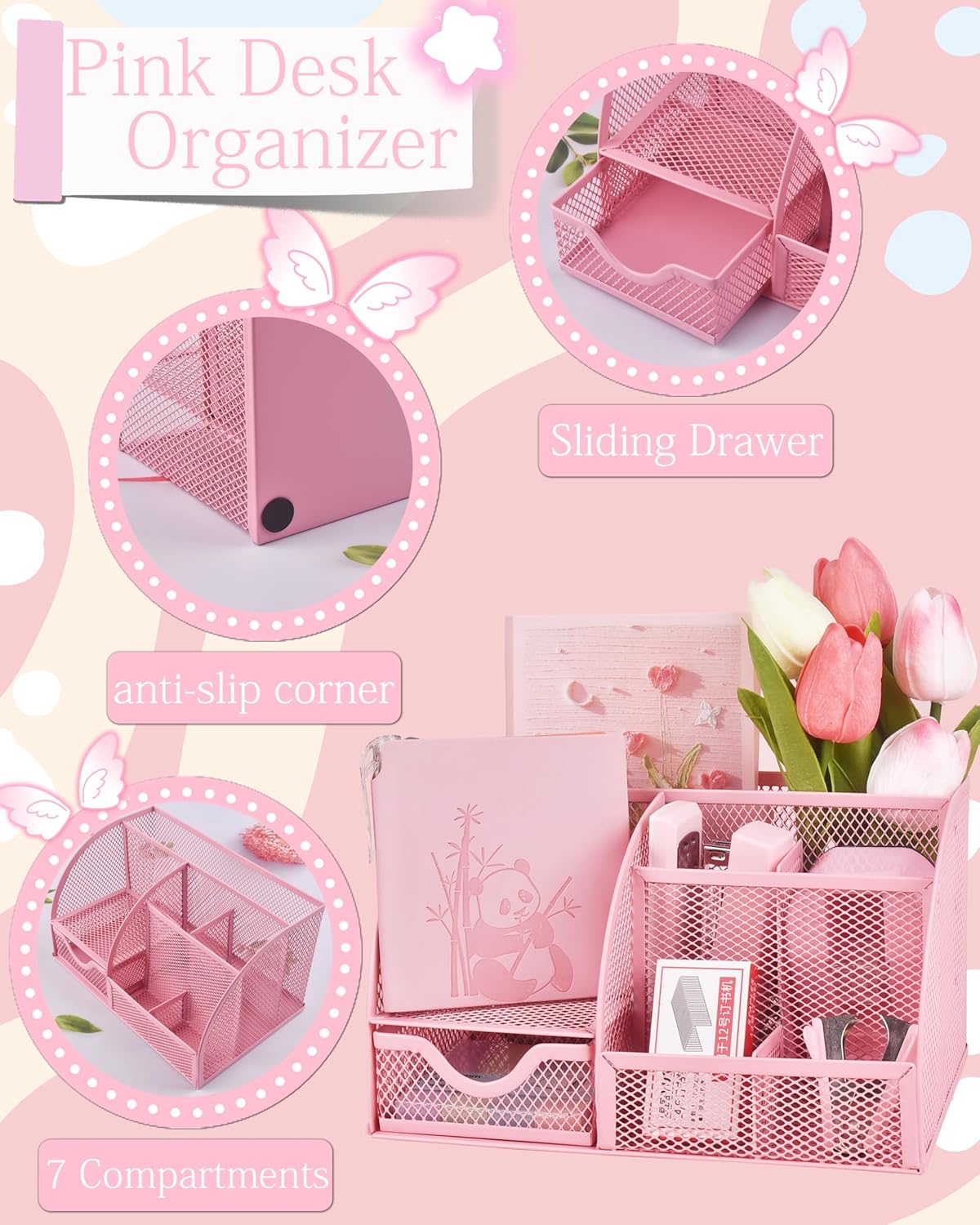23pc Pink Desk Accessories and Organizers with Mesh Organizer Stapler Tape Dispenser Calculator and a Lot of Office Pink Office Supplies Beautifully Presented in a Gift Box