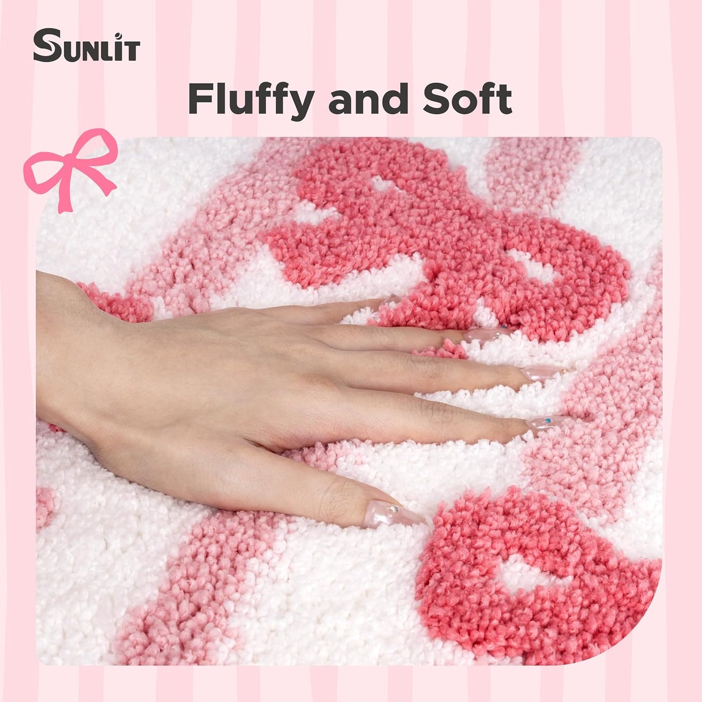 Sunlit Cute Bow Bathroom Rugs 32x20, Coquette Pink Bow Rug for Bedroom, Extra Soft Super Absorbent Bath Mat Quick Dry, Shaggy Bath Rug Non-Slip Washable Bathroom Floor Mat, Pink Stripe
