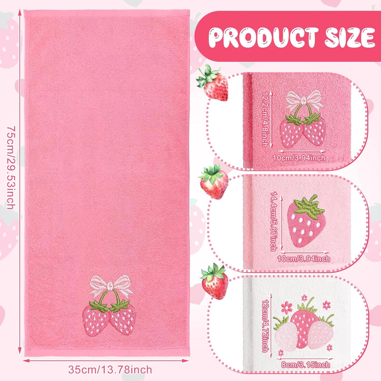 Tingjoo 3 Pcs Strawberry Hand Towels 14x29 Inch Spring Summer Bathroom Decor Farmhouse Pink Strawberry Cotton Embroidered Soft Absorbent Bathroom Decor Towels for Kitchen