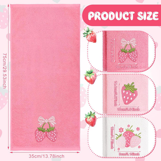 Tingjoo 3 Pcs Strawberry Hand Towels 14x29 Inch Spring Summer Bathroom Decor Farmhouse Pink Strawberry Cotton Embroidered Soft Absorbent Bathroom Decor Towels for Kitchen