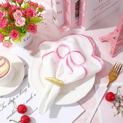 FYSUIMU 6 Packs Cloth Napkins Pink Embroidered Bow Napkin Scalloped Edge Reusable Washable Embroider Bowknot Table Napkins for Mother's Day Wedding Bridal Baby Shower Party Housewarming Gifts