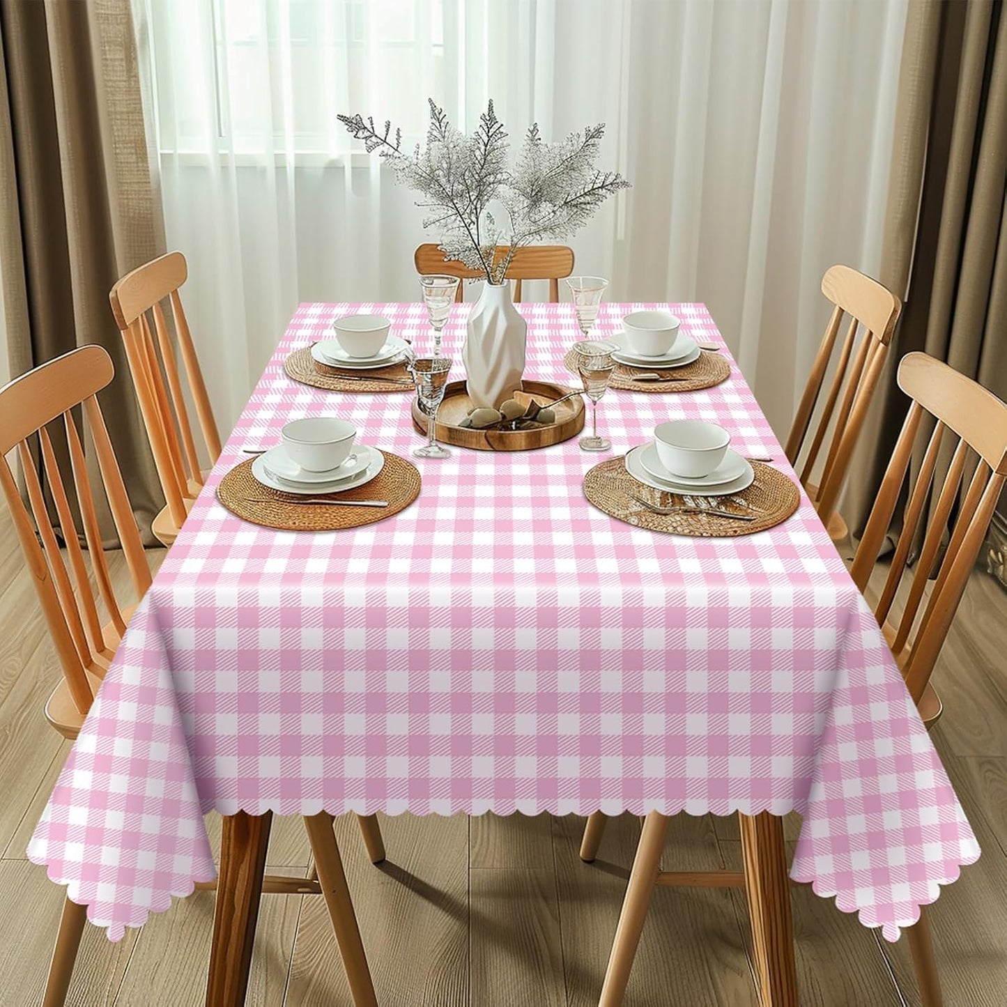 NatNarr 6 Pack Pink Gingham Tablecloths, 54 X 108Inch Scalloped Pink and White Checkered Table Cloth, Disposable Party Table Covers for Wedding Picnic Birthday Baby Bridal Shower Anniversay