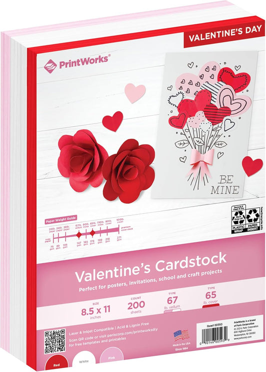 PrintWorks Valentine Cardstock 8.5" x 11" - 200 Sheets - 3 Assorted Colors (Red, Pink, & White) - Ideal for School & Craft Projects - 67 lb/147 gsm & 65 lb/176 gsm - Made in the USA (00593)