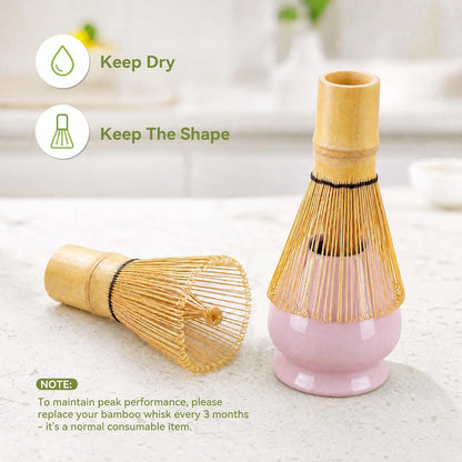 Matcha Whisk Set with Elegant Pink Ceramic Bowl - Complete Matcha Making Kit, Bamboo Whisk (Chasen), Holder, Matcha Sifter, Scoop, Traditional Tea Ceremony Tools